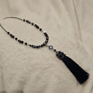 Elegant Black Beaded Necklace with Tassel